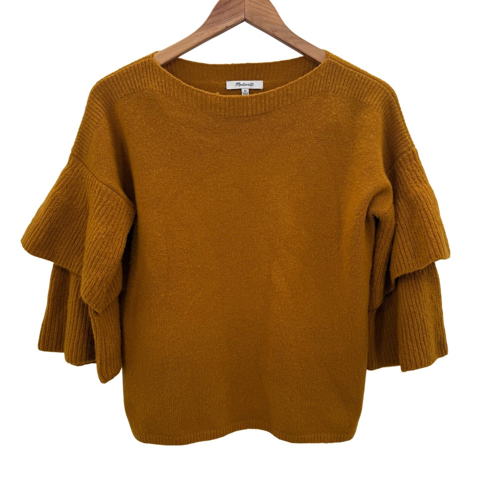 Madewell XS Sweater Womens Orange‎ Brown Ruffle Sleeve Knit Pullover Top Wool
